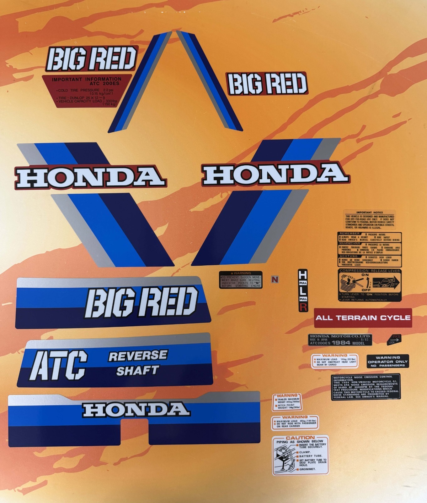 1984 Honda Big Red ATC Tank Fender Decal Sticker Set 1984 84 200 200E 200ES