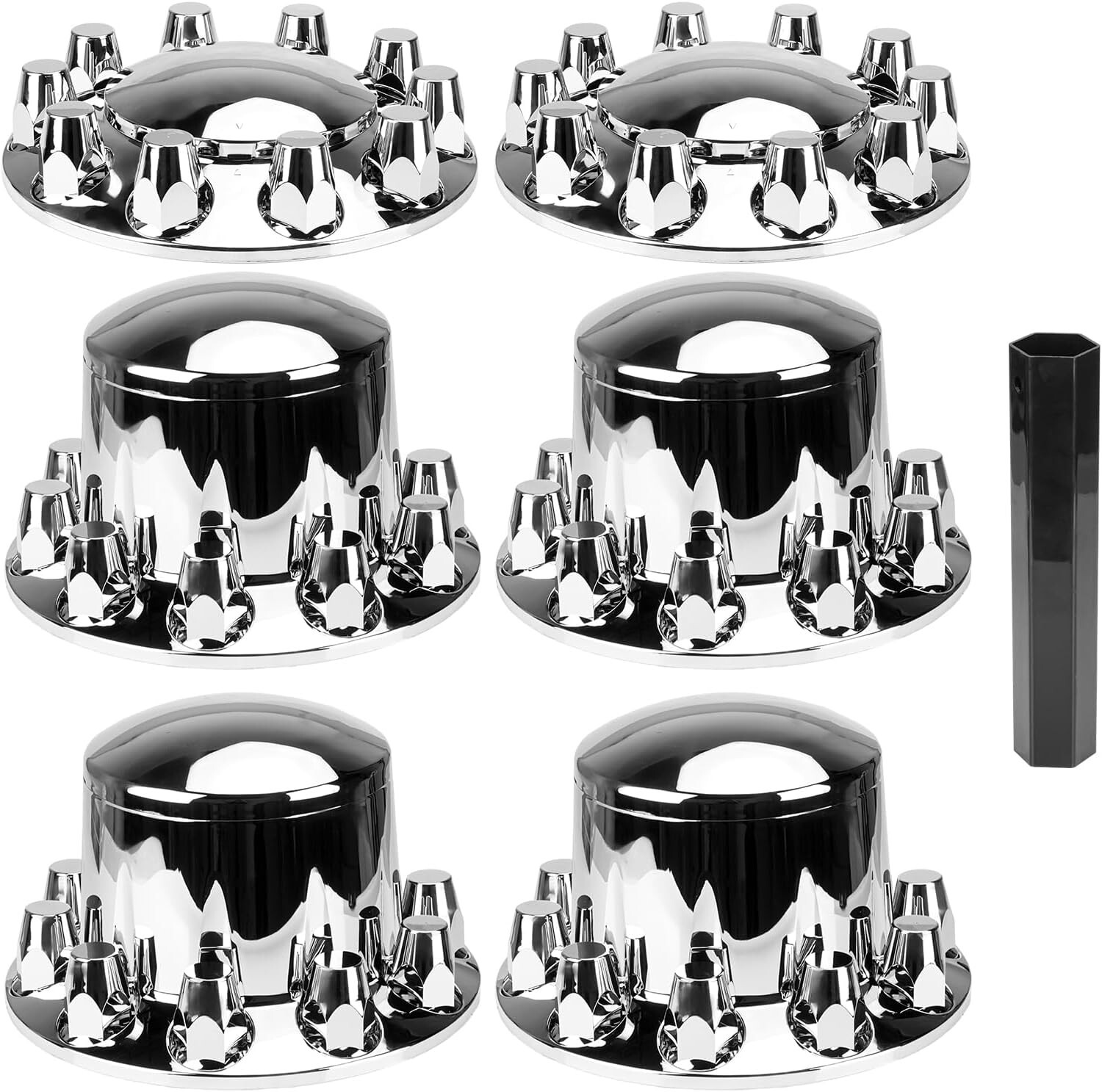 Chrome Hub Covers Kit Semi Truck Wheel Axle Covers 33mm Lug Thread-on Complete Chrome Hub Covers Kit Semi Truck Wheel Axle Covers 33mm Lug Thread-on Complete