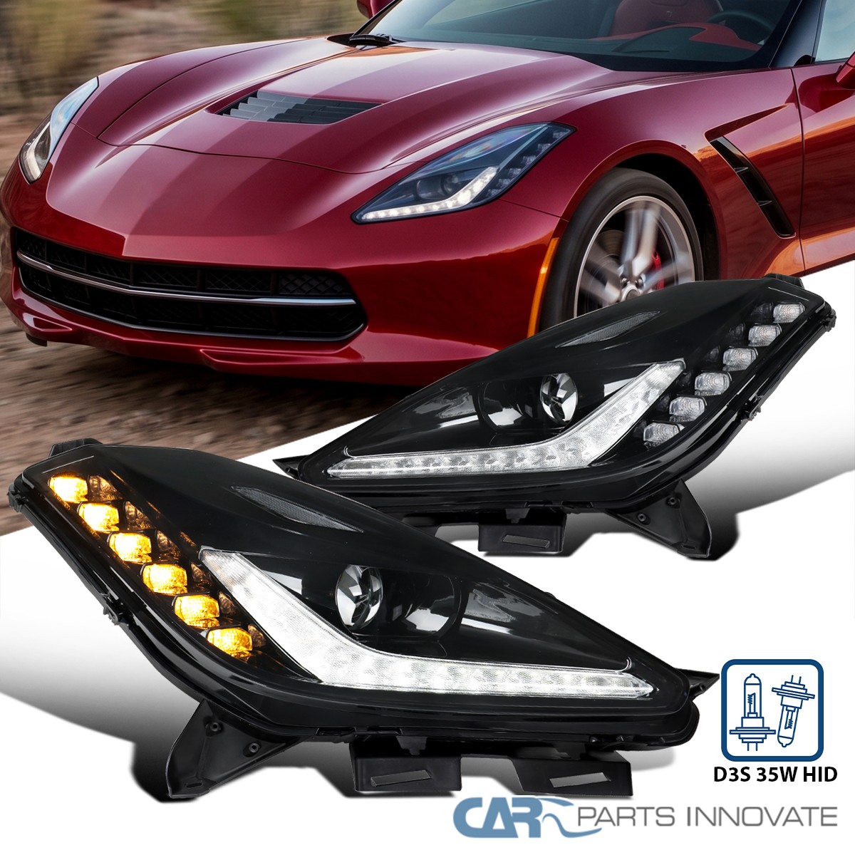 Pearl Black Fits 2014-2019 Chevy Corvette C7 Projector Headlights LED Signal Bar