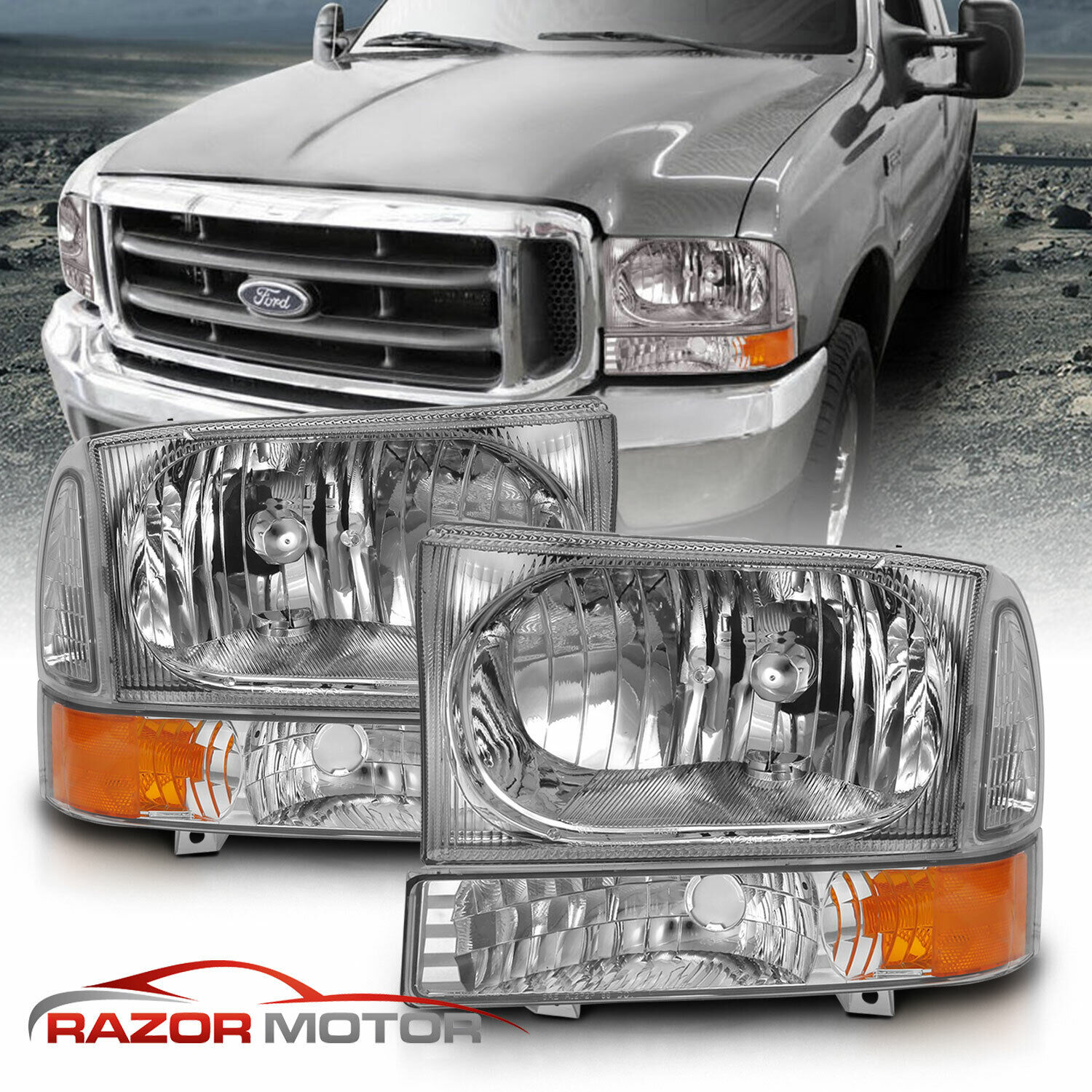 For 1999-2004 Ford SuperDuty F250/350/450/550/ 00-04 Excursion Chrome Headlight