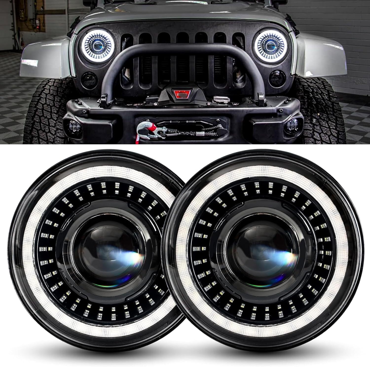 2X 7 Inch Round LED Headlights Starry Dragon Eyes DRL For Jeep Wrangler JK TJ CJ