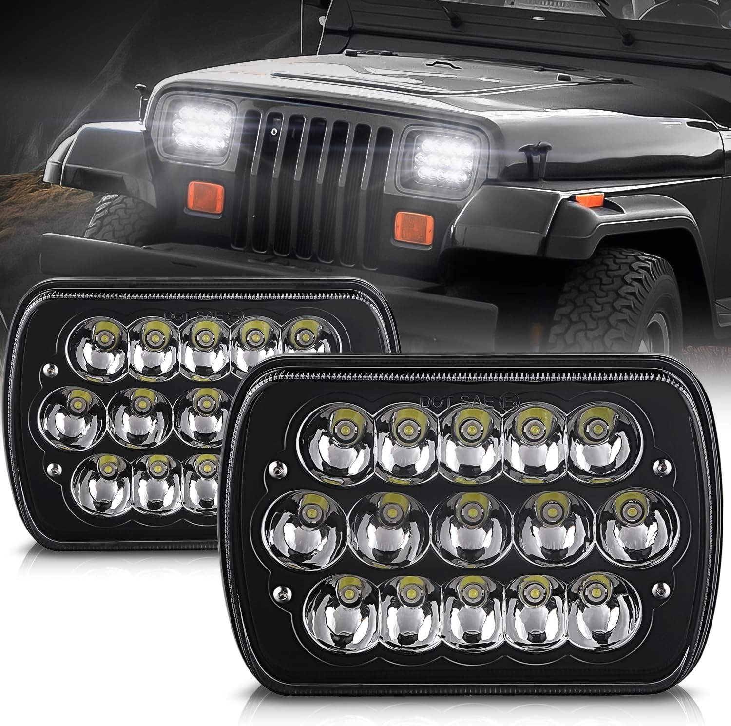 Pair 5X7/7X6 LED Headlights For Jeep Cherokee XJ 1984-2001 Wrangler YJ 1986-1995