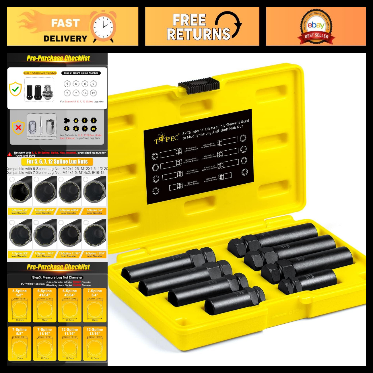 8Pcs Universal Spline Lug Nut Socket Set | Locking Wheel Key Removal Kit, CR-MO
