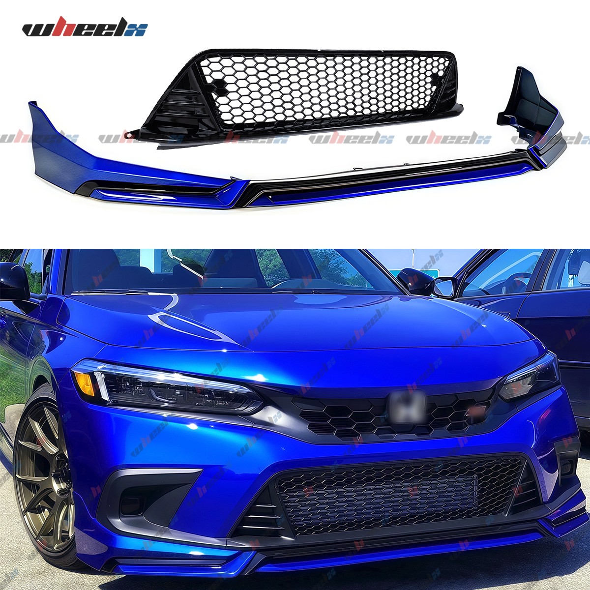 For 22-24 Honda Civic Yofer V3 Style Aegean Blue Front Bumper Lip + Lower Grille