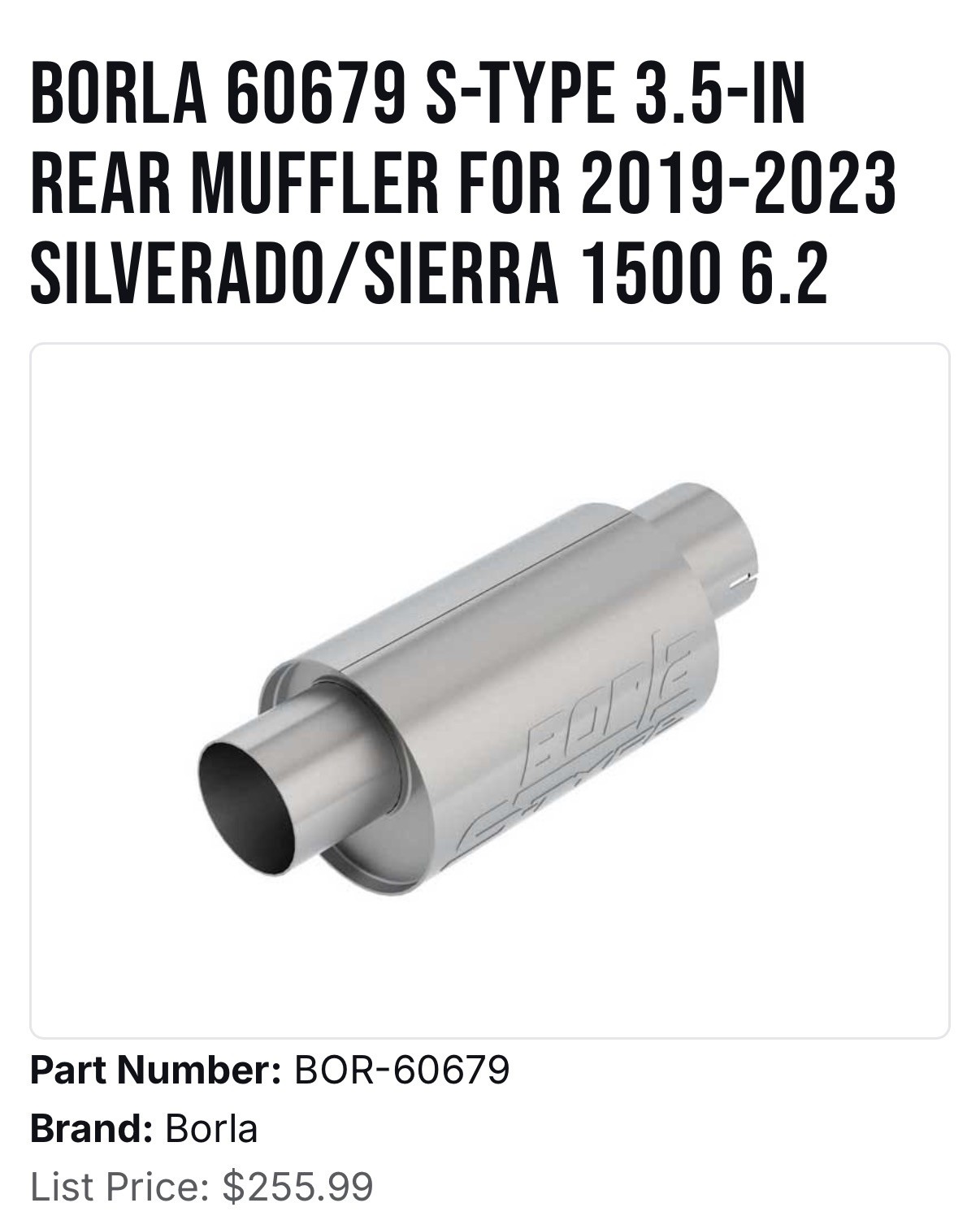 Borla 60679 S-Type Muffler 2019-2023 Chevy Silverado GMC Sierra 1500 6.2L NEW