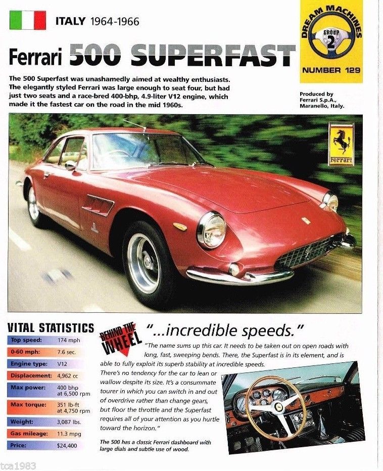 Ferrari 500 SUPERFAST IMP Brochure: 1964,1965,1966,.....Super Fast