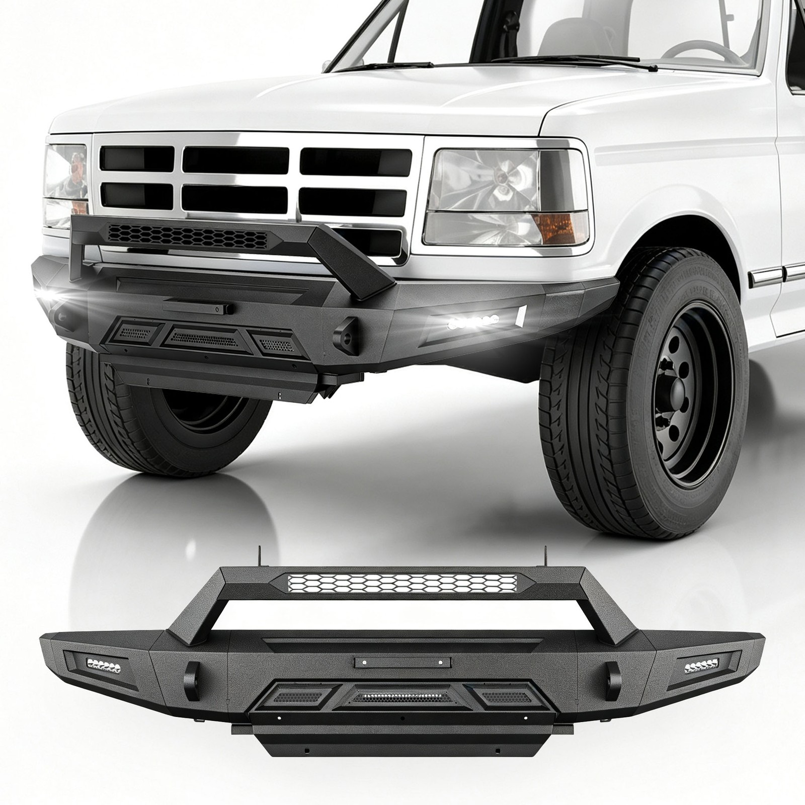 For 92-97 Ford F150 F250 F350 Heavy Duty Steel Front Bumper w/ Winch Plate LED