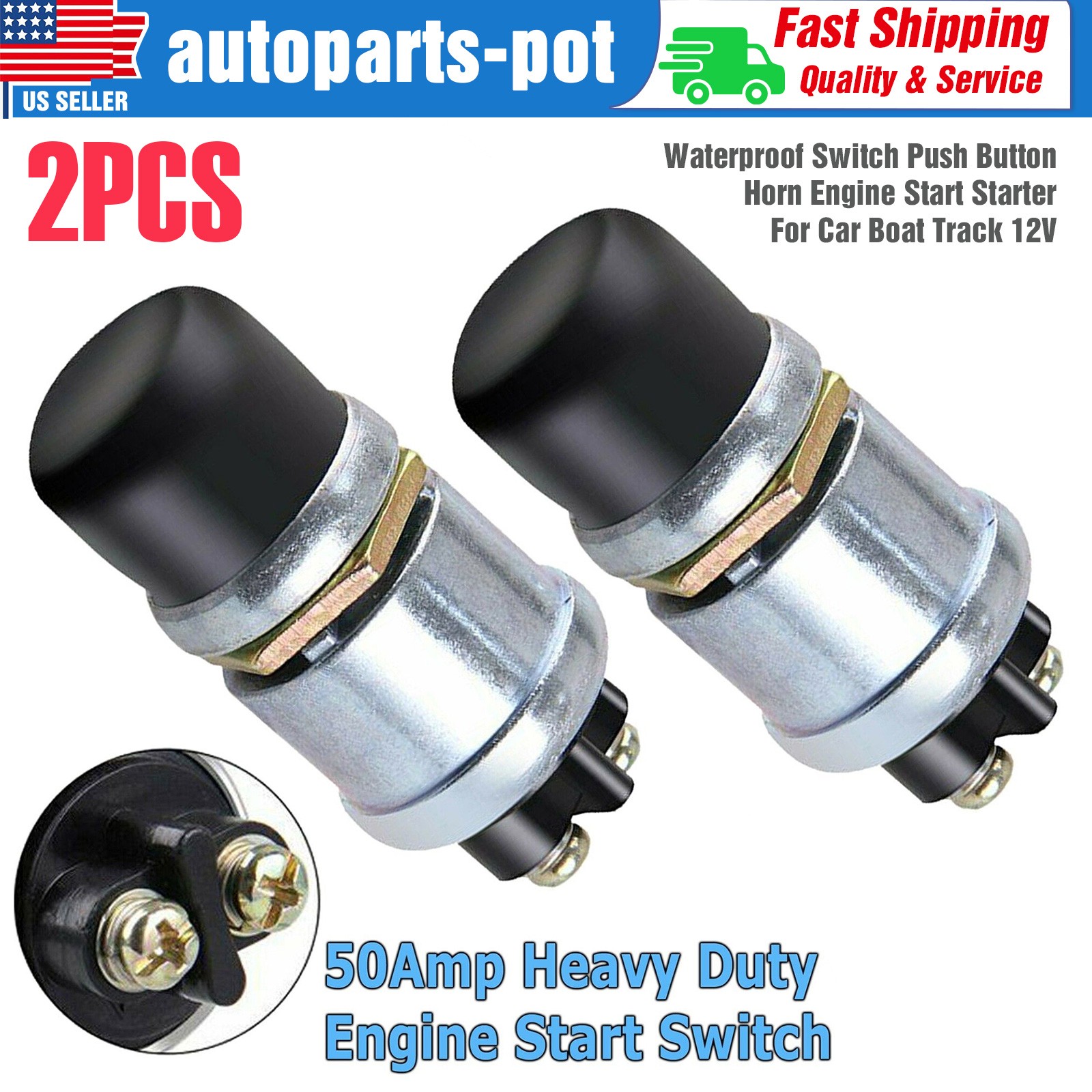 2PCS Starter Switch 12V Waterproof Push Start Button 50A Heavy Duty Momentary