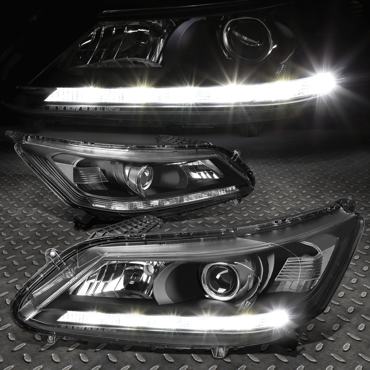 FOR 2013-2015 HONDA ACCORD PAIR BLACK CLEAR PROJECTOR HEADLIGHT/LAMP W/LED DRL