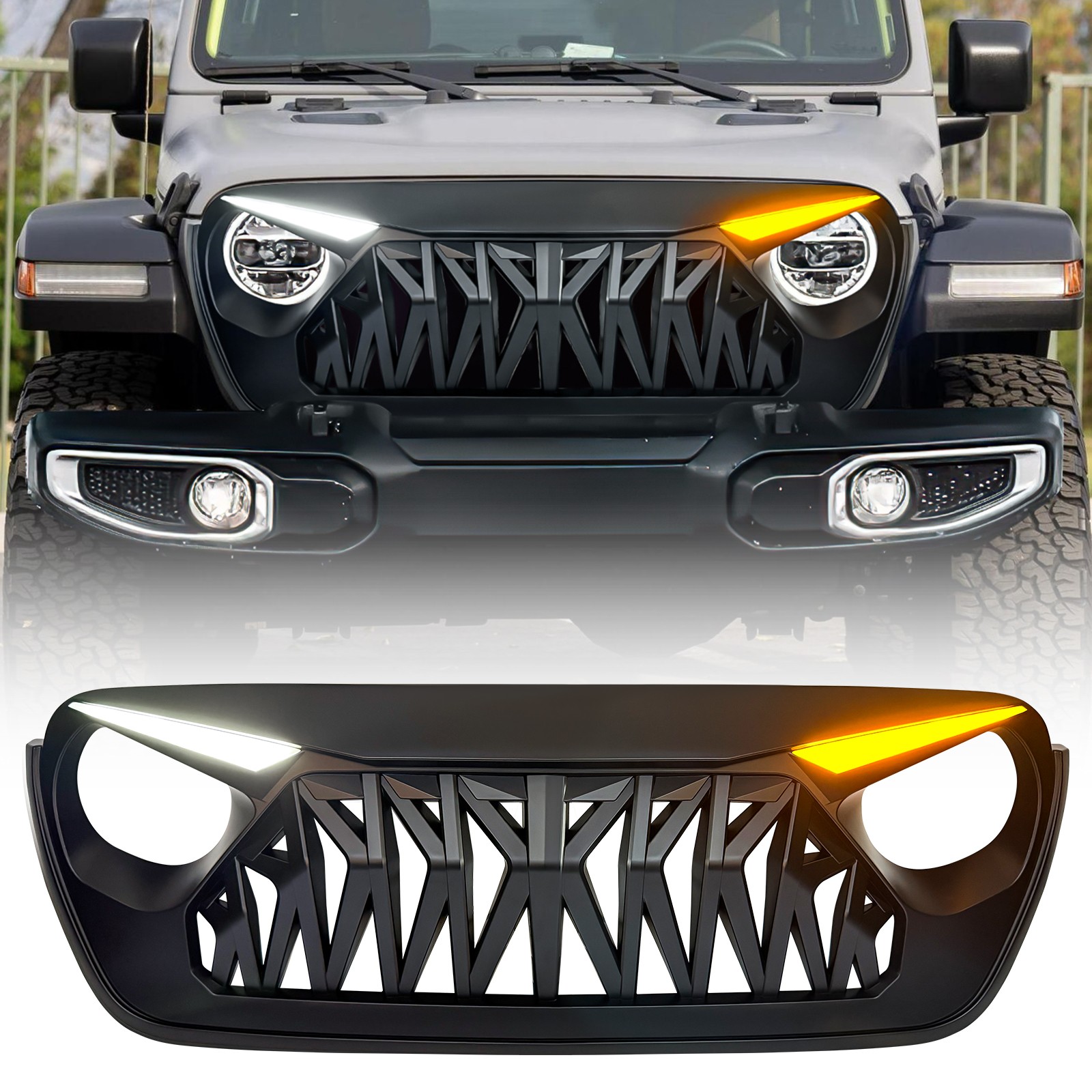 Front Shark Style Grill w/Eyebrow DRL & Turn Light For 18-24 Jeep Wrangler JL JT