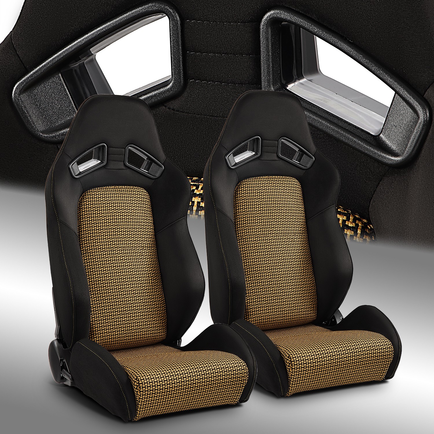 2 x Universal Black+Gold I-pattern PVC Reclinable Racing Seats Left/Right 2 x Universal Black+Gold I-pattern PVC Reclinable Racing Seats Left/Right