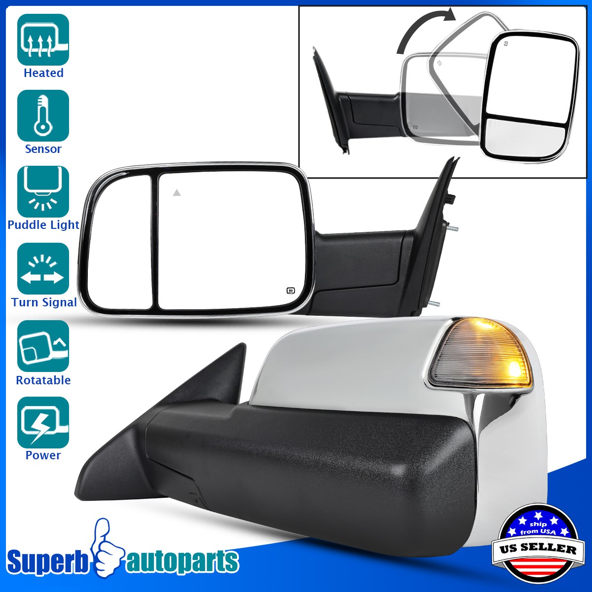 Fits 2013-2017 Ram Power Fold Heated Side Mirrors+LED Signal+Puddle+Temp Sensor