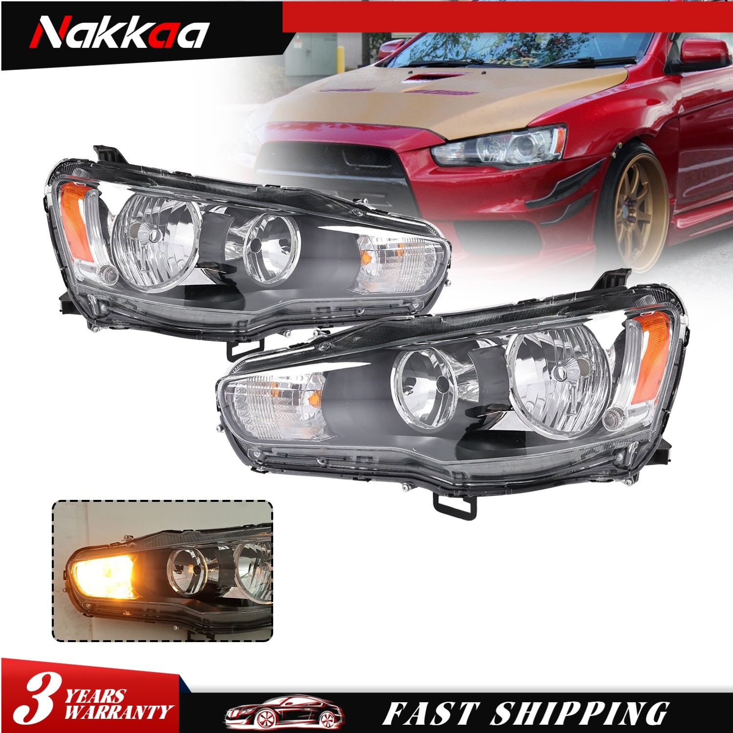 Pair For 2008-17 Mitsubishi Lancer EVO X Headlights Headlamps Halogen Set LH+RH