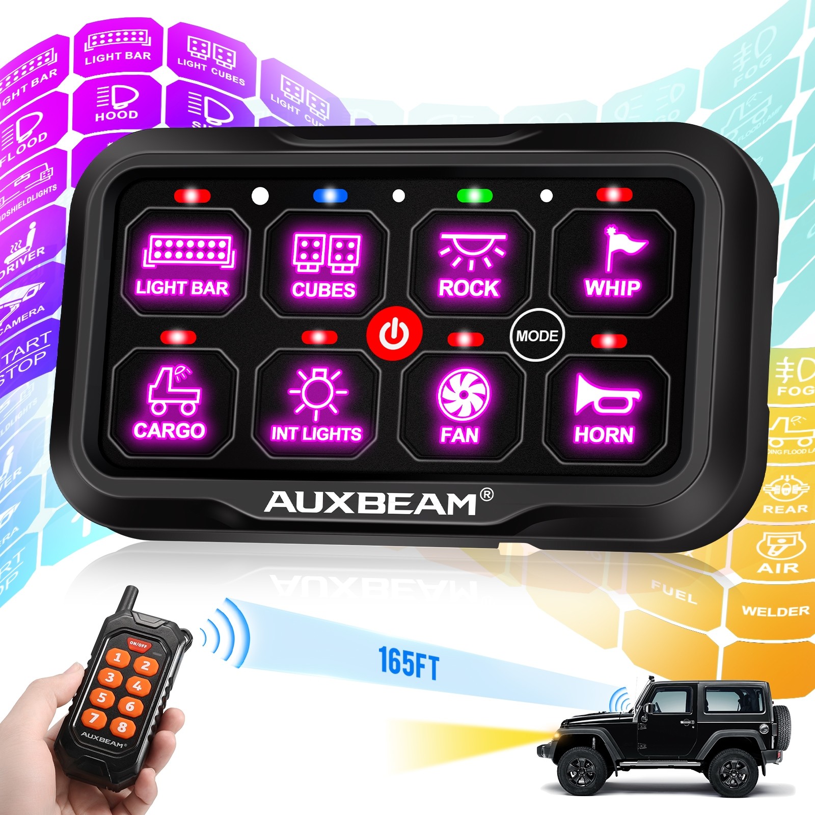 AUXBEAM RC-800 Multifunction 8 Gang RGB Switch Panel with bluetooth Controller