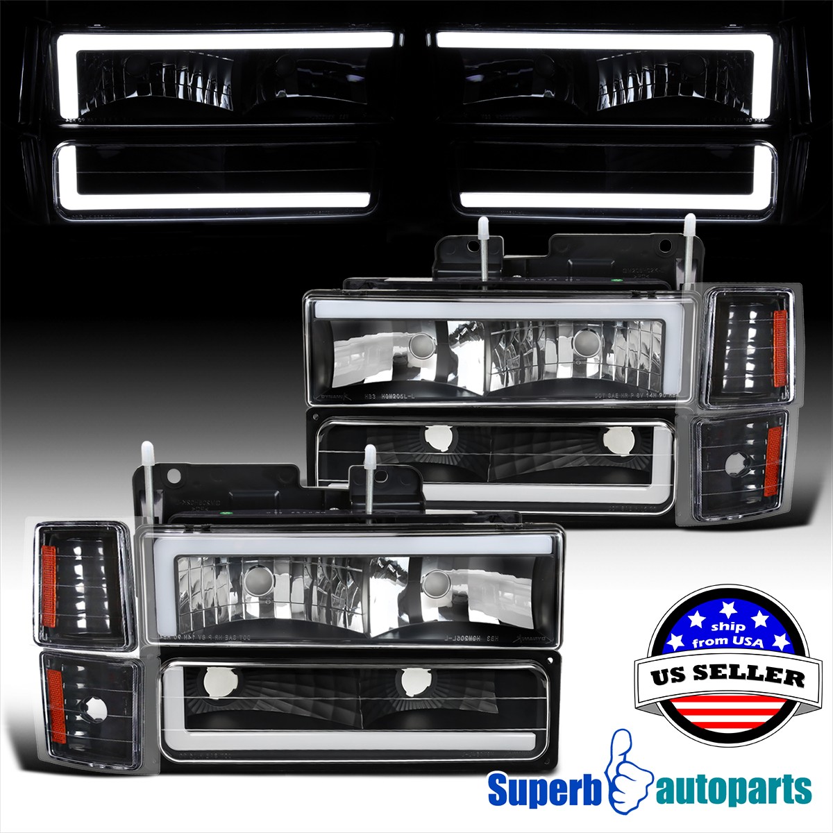 For 1994-1998 Chevy C10 C/K Tahoe Suburban Black Headlights LED w/ Corner+Bumper For 1994-1998 Chevy C10 C/K Tahoe Suburban Black Headlights LED w/ Corner+Bumper