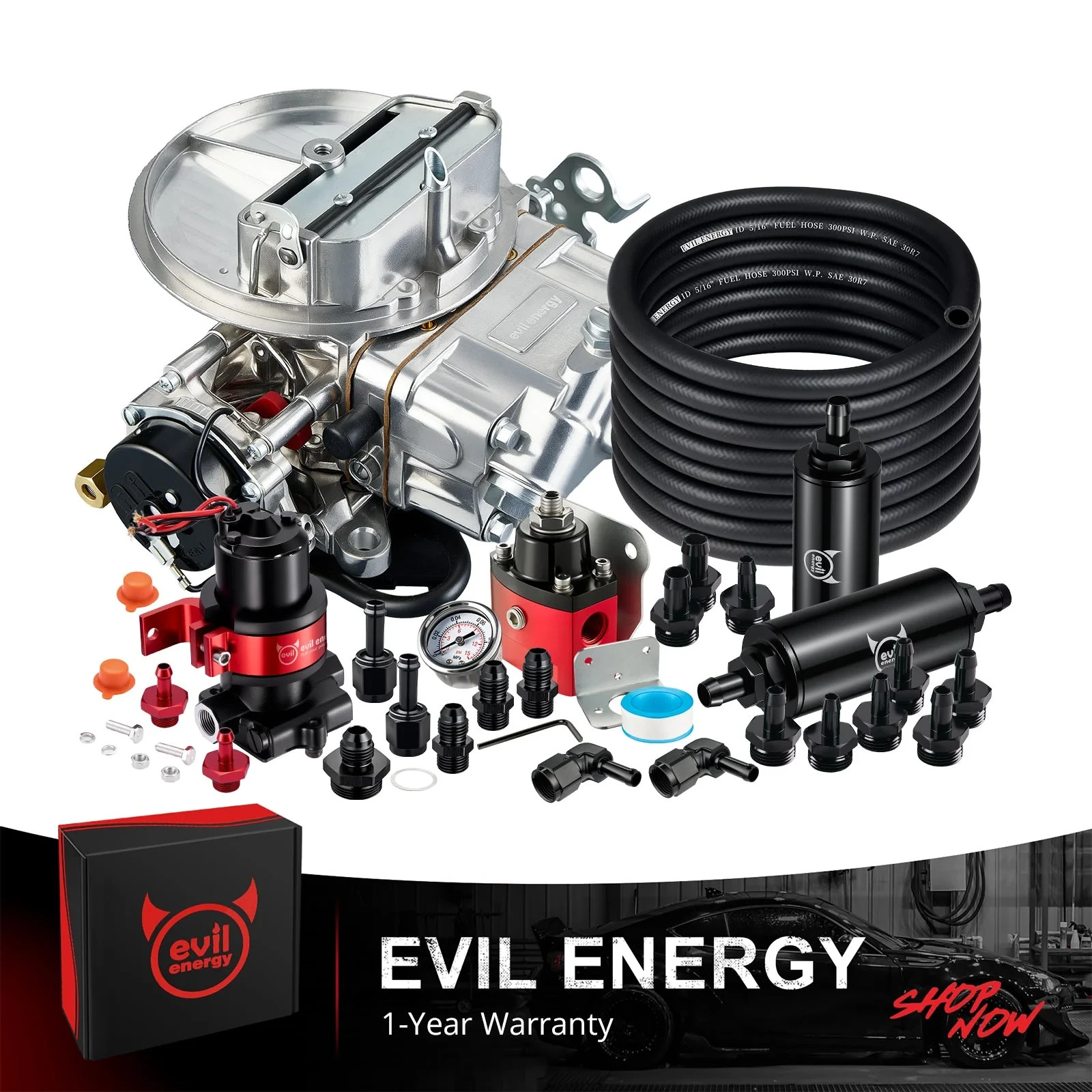 EVIL ENERGY 650 CFM 4-Barrel Carburetor Kit Electric Choke Fuel Pump