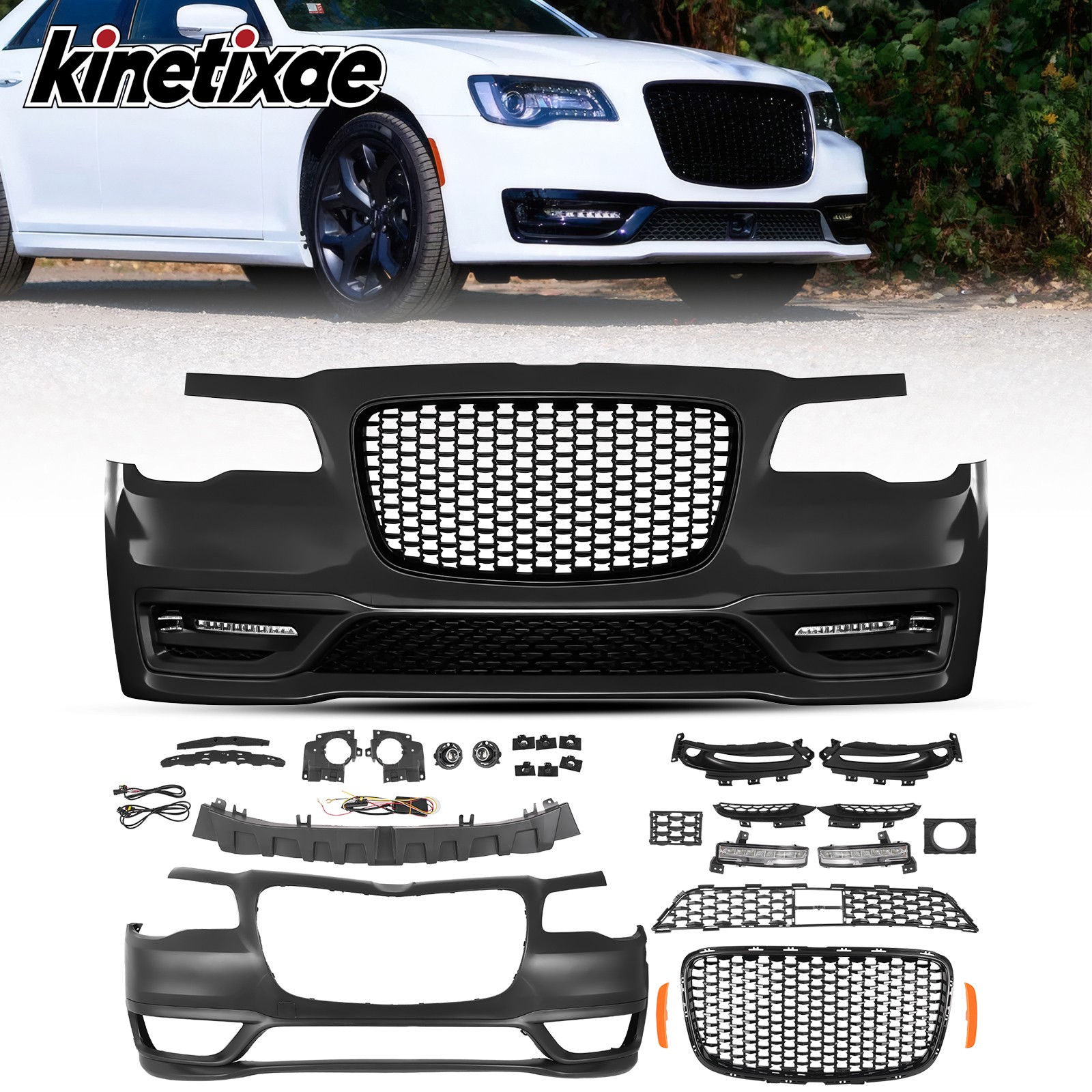 Black Front Bumper Cover Complete Kit For 2012-24 Chrysler 300C 300 C SRT8 SRT 8