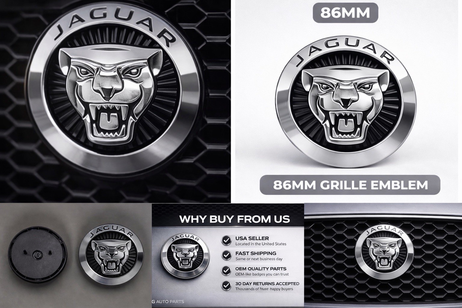 JAGUAR SILVER GROWLER GRILLE EMBLEM BADGE 86MM FRONT LOGO XF XJ F-TYPE F-PACE