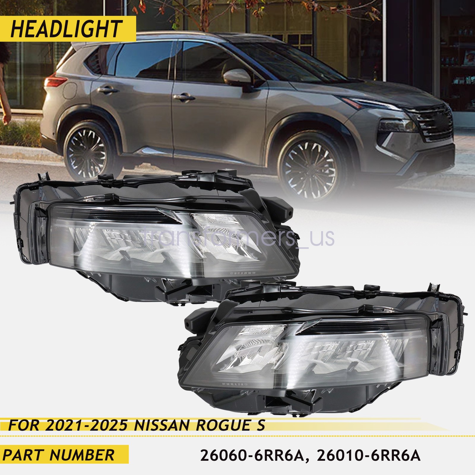 For 2021-25 Nissan Rogue S Black LED Headlight Left & Right Side Set of 2