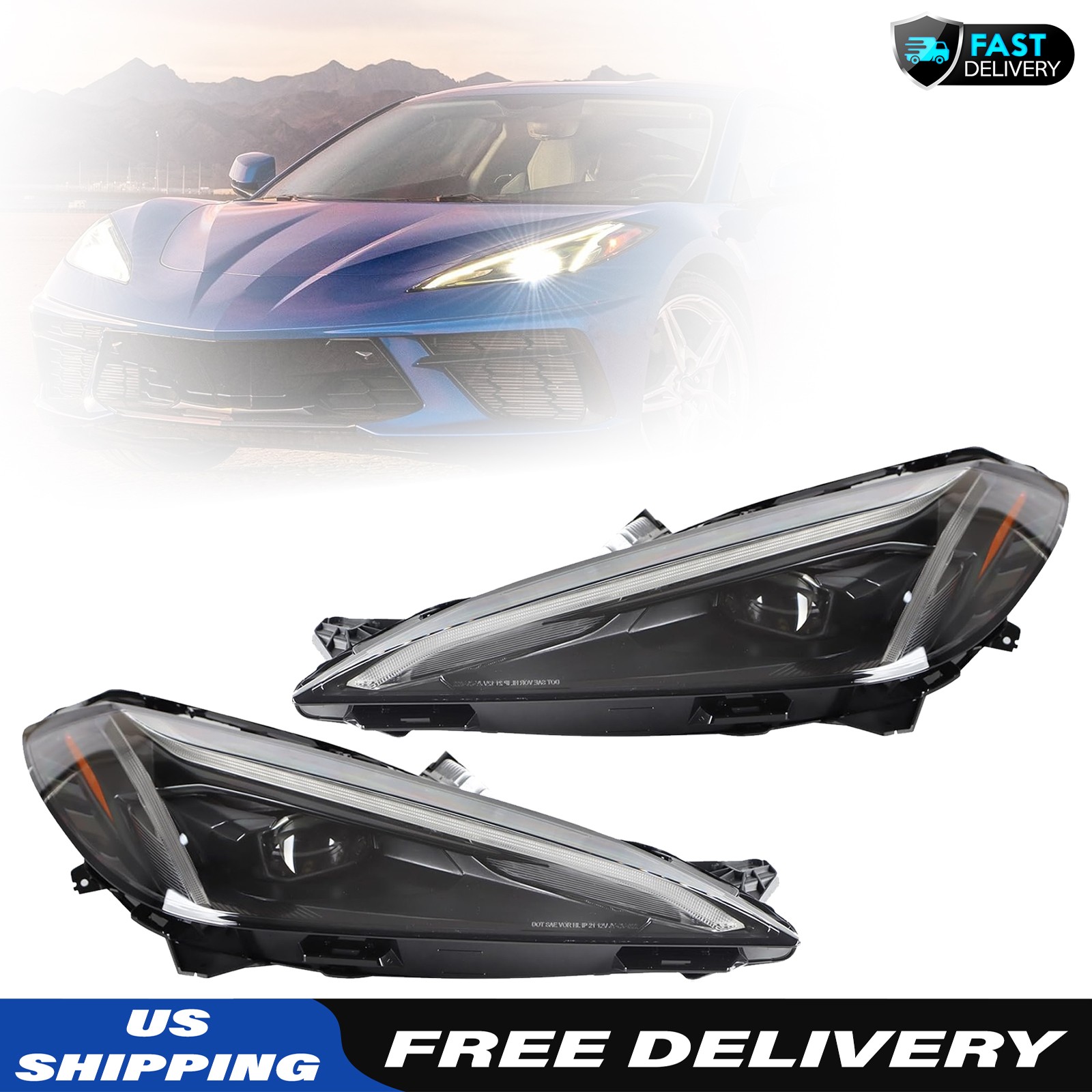 Full LED Headlight Assembly Pair for 2020-2025 Chevy Corvette C8 Right & Left