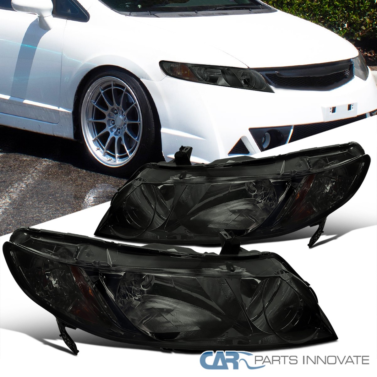 Fits 2006-2011 Honda Civic Sedan 4Dr Smoke Headlights Headlamps Assembly Pair