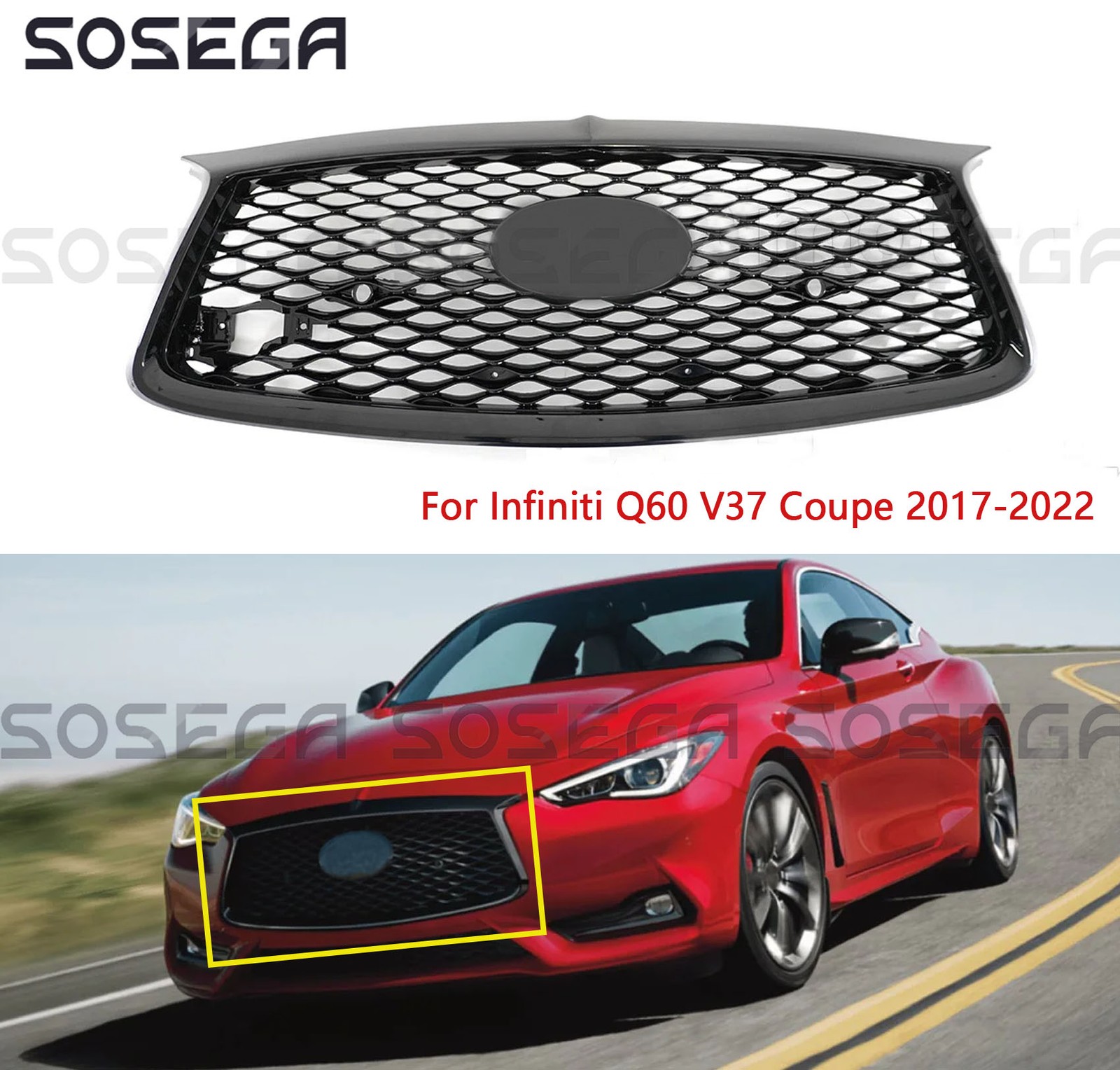 For Infiniti Q60 V37 Coupe 2017-2022 Front Bumper Upper Mesh Grille Glossy Black