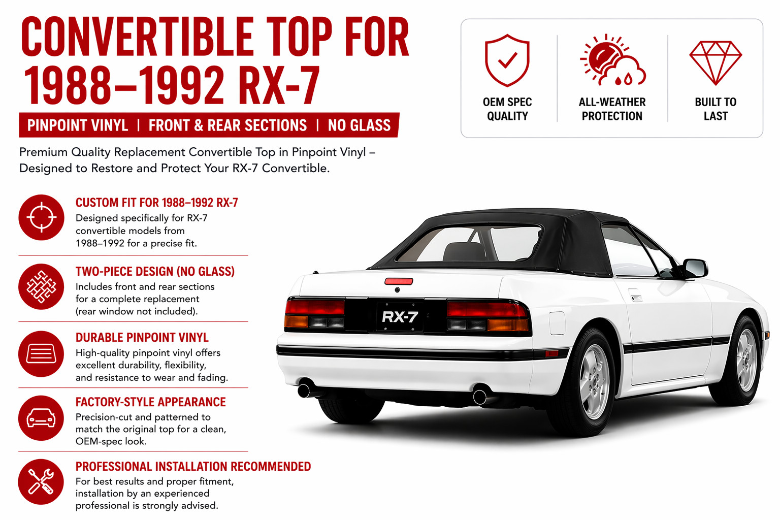 1988-1992 Mazda RX-7 Convertible Soft Top Fr+Rr, TOP ONLY, Black Pinpoint Vinyl