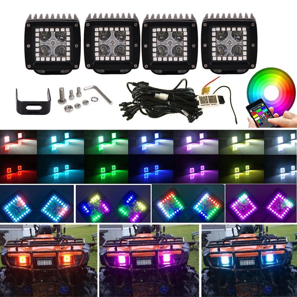 4pcs 3\'\' RGB Led Work Lights Cube Pods Chasing Color Halo Ring Combo APP+Remote 4pcs 3\'\' RGB Led Work Lights Cube Pods Chasing Color Halo Ring Combo APP+Remote