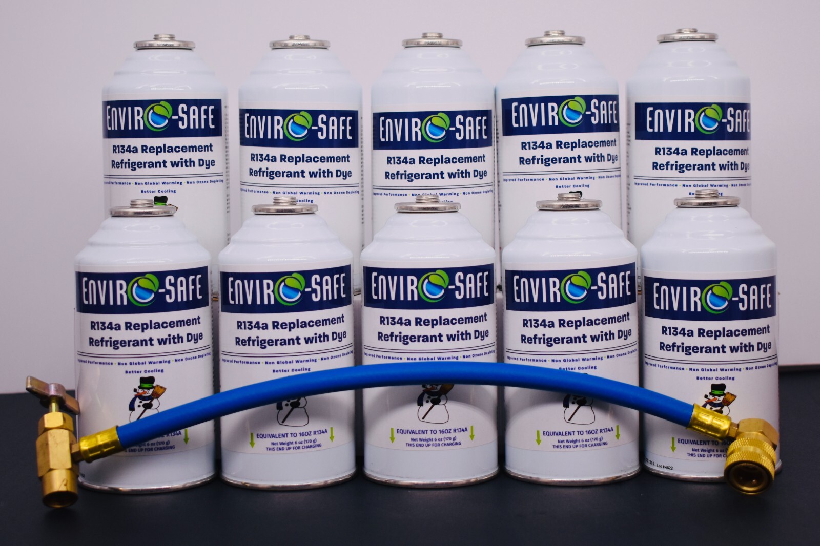 R134a Replacement Refrigerant with dye, 10 CANS, Charging Hose.