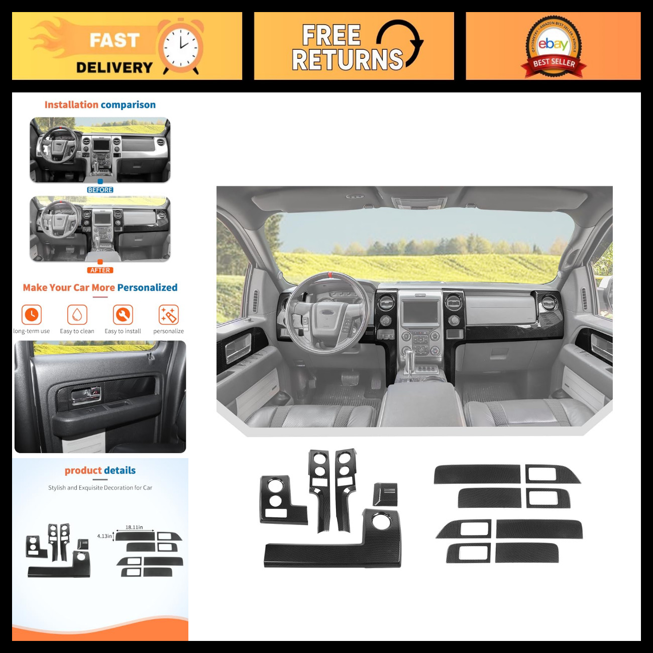13pcs Carbon Fiber Interior Trim Kit for 2009-2014 Ford F150 Raptor Accessories
