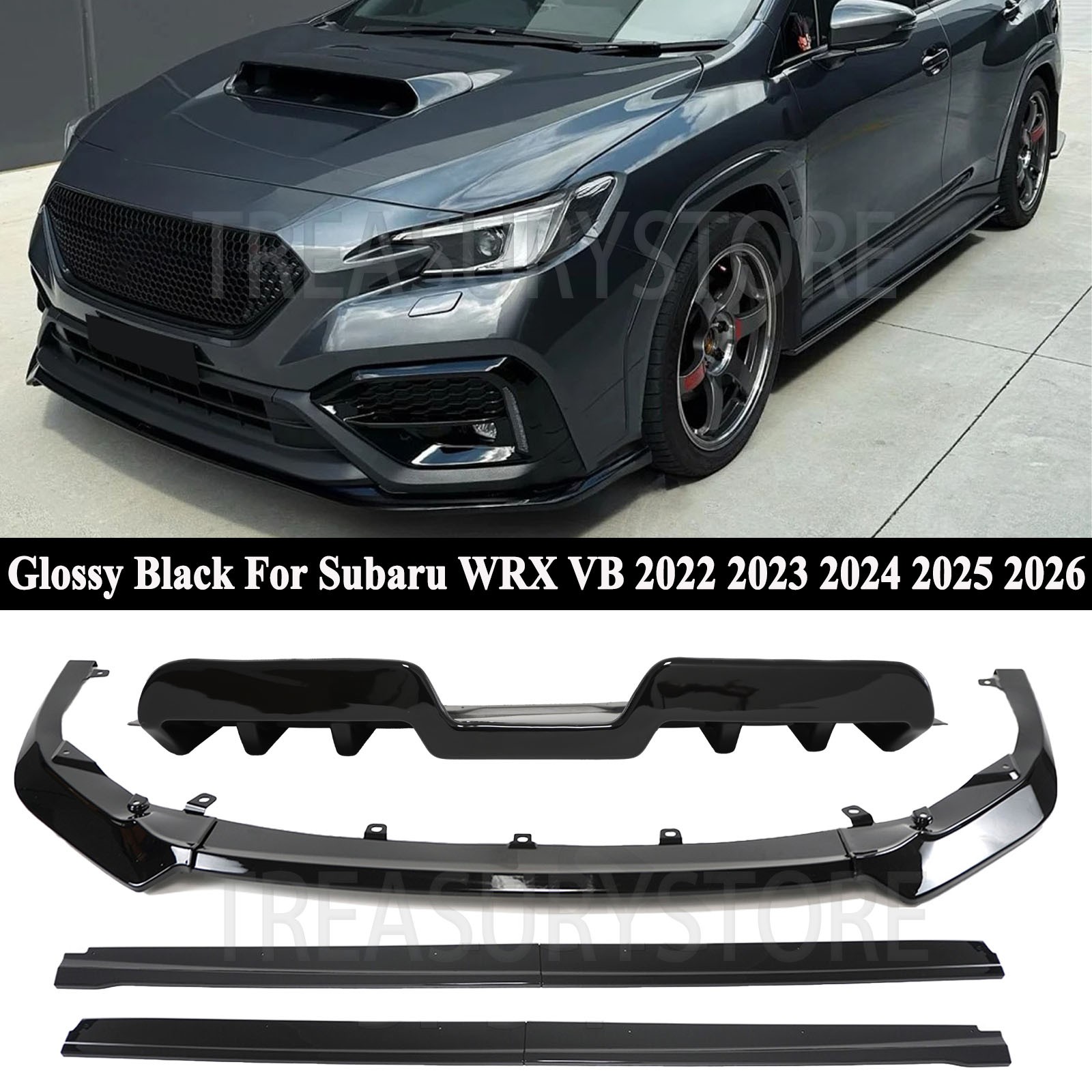 For Subaru WRX VB 22-26 Gloss Black Front Bumper Lip & Side Skirt &Rear Diffuser
