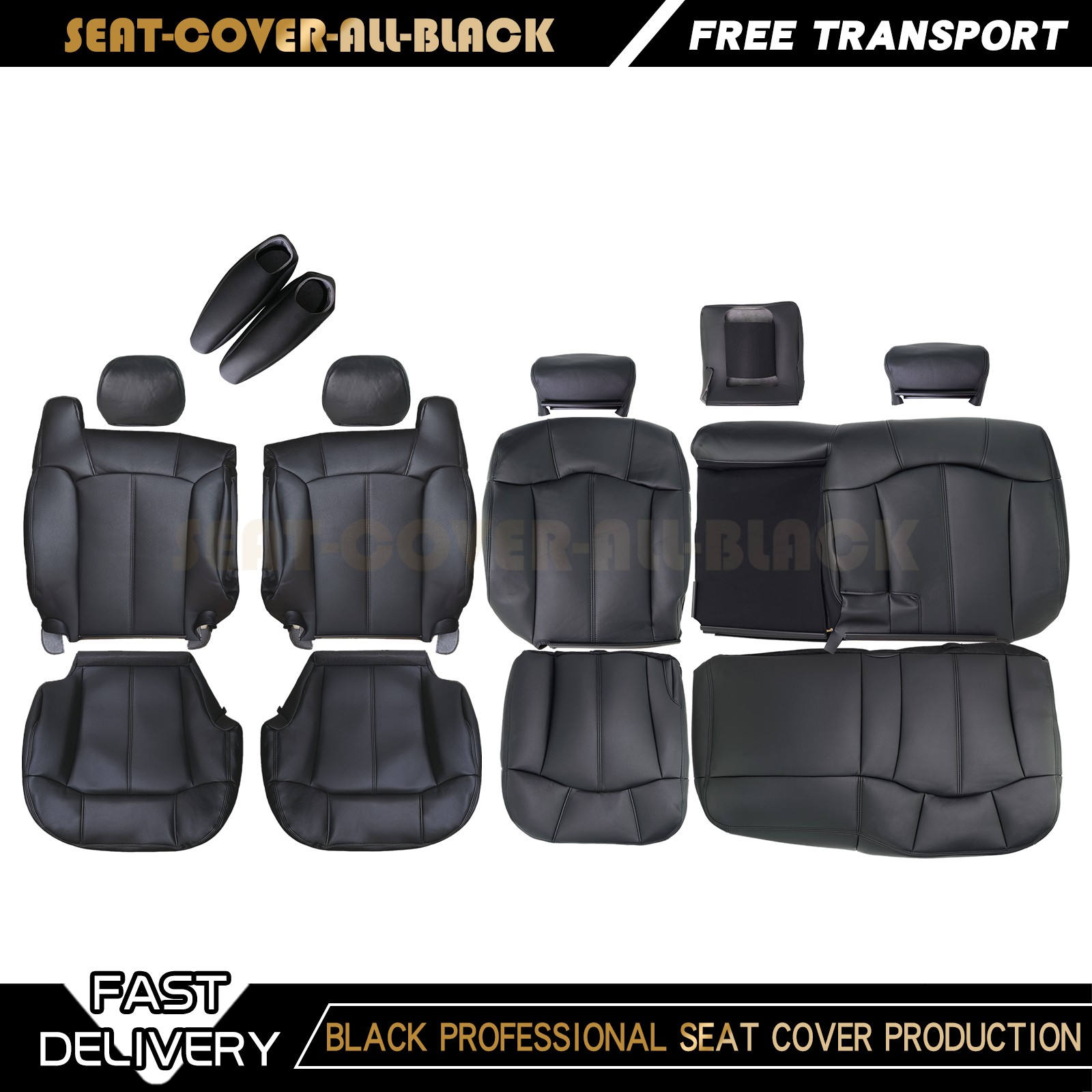 1999-2002 For Chevy Silverado Tahoe Suburban Front&Rear Leather Seat Cover BLACK