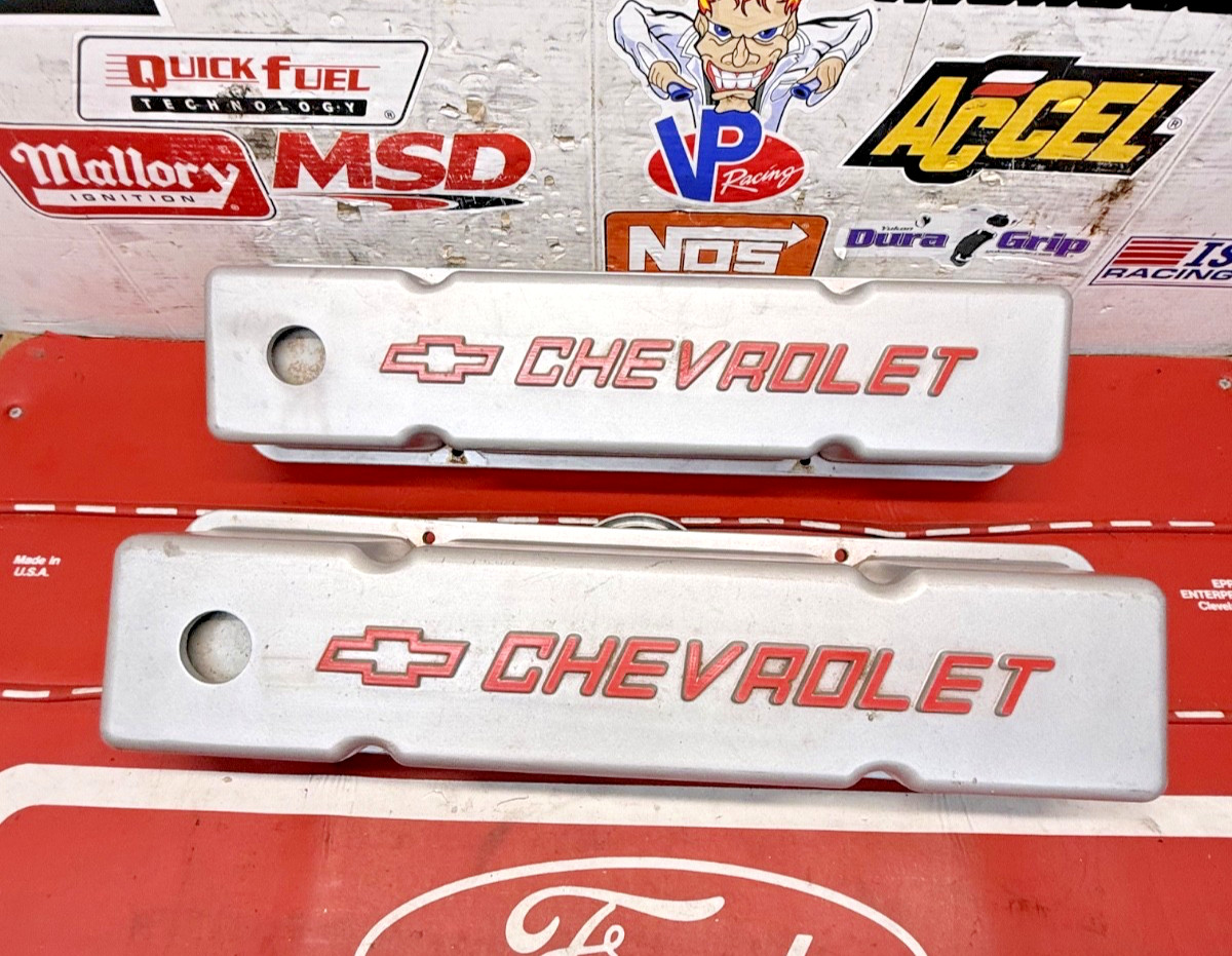 SBC 327 350 CHEVROLET PERFORMANCE CAST ALUMINUM VALVE COVERS CHEVY LOGO