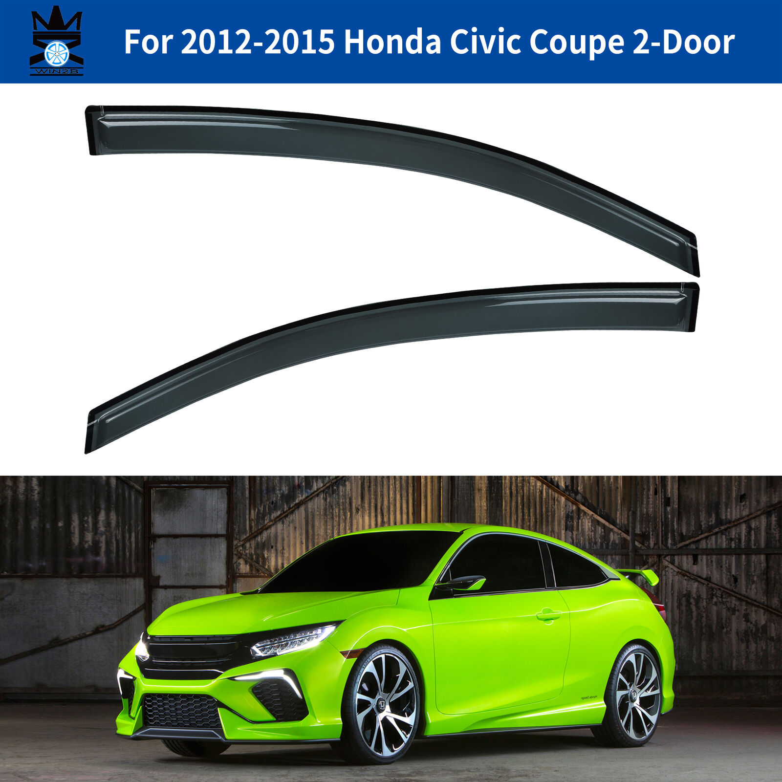 Dark Smoke Window Visor Deflector Rain Guard fits 2012 - 2015 Honda Civic Coupe