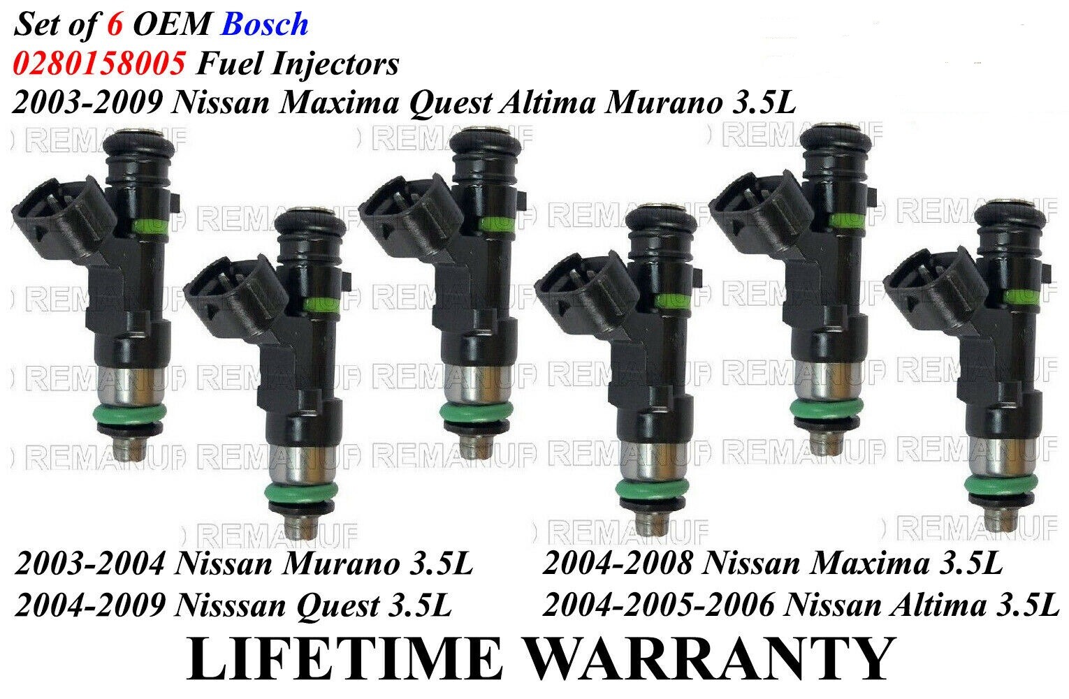 6 Genuine Bosch Fuel Injectors for Nissan Quest Altima Maxima Murano 3.5L
