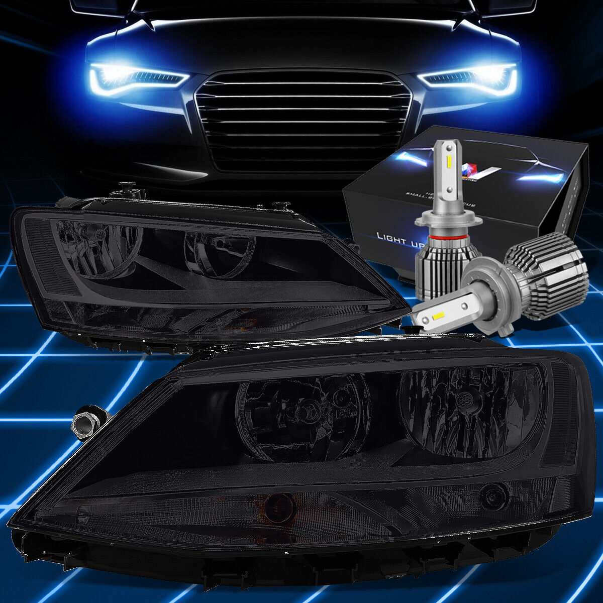 For 11-18 Jetta Sedan Halogen Smoked/Clear Corner Headlights W/LED KIT+COOL FAN