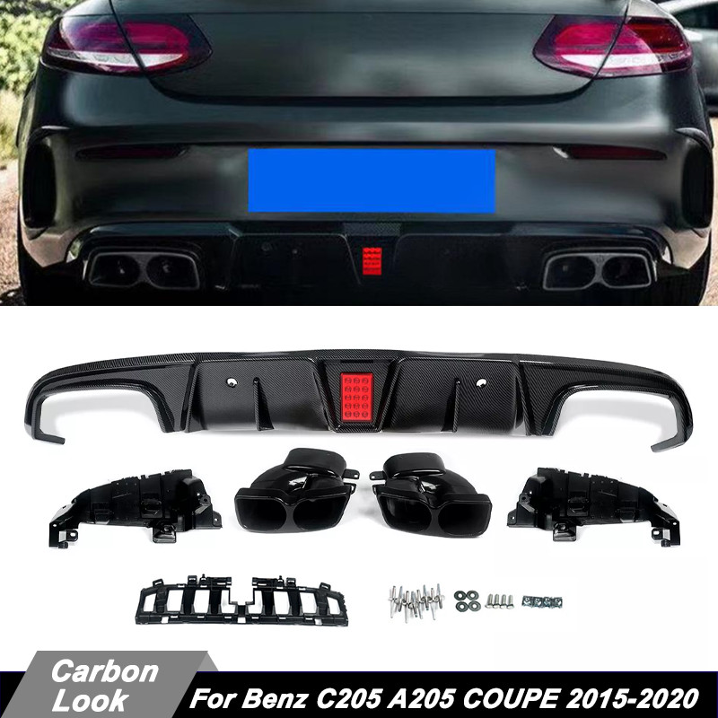 For 2015-2018 Benz C205 Coupe Rear Diffuser w/ Exhaust Tips B-Style Carbon Look