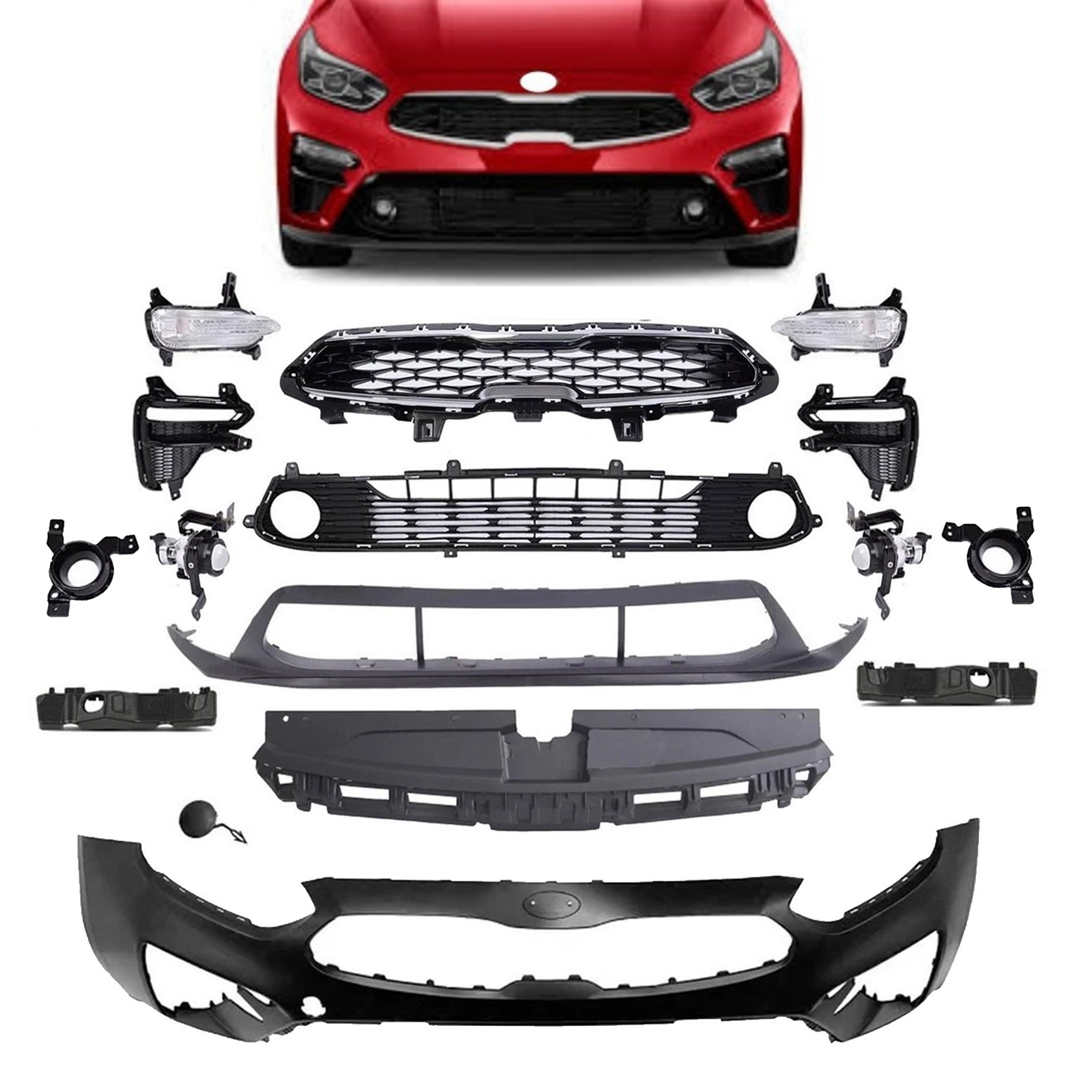 Complete Front Bumper Grille Set w/ Fog Lights For 2019 2020 2021 Kia Forte Complete Front Bumper Grille Set w/ Fog Lights For 2019 2020 2021 Kia Forte