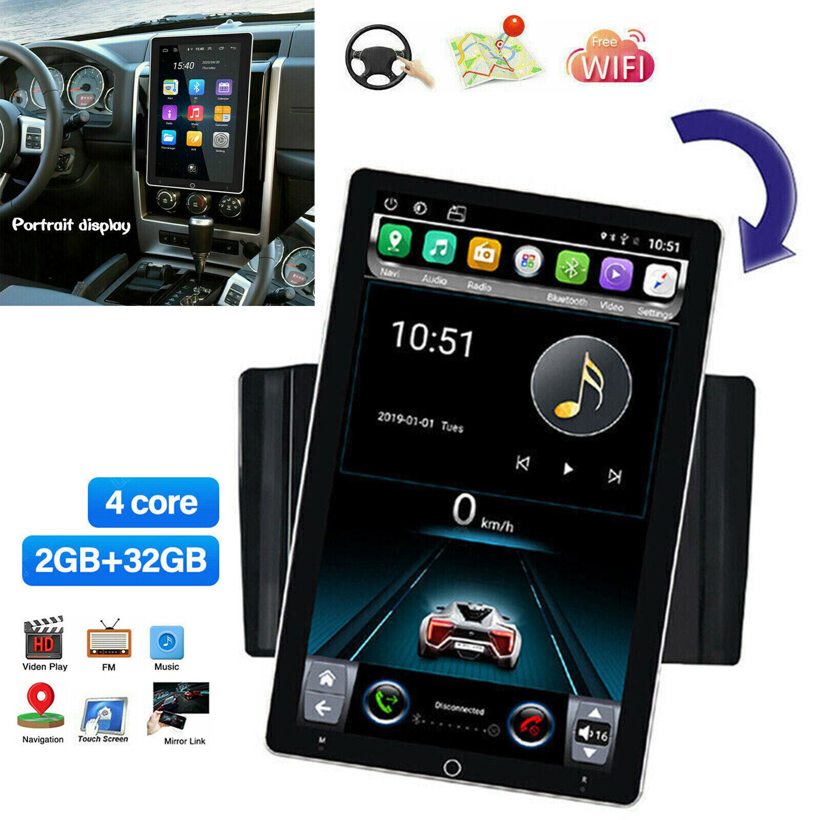Double 2 DIN Rotatable Android 13 Car Stereo Radio 10.1\'\' Touch Screen  GPS Wifi