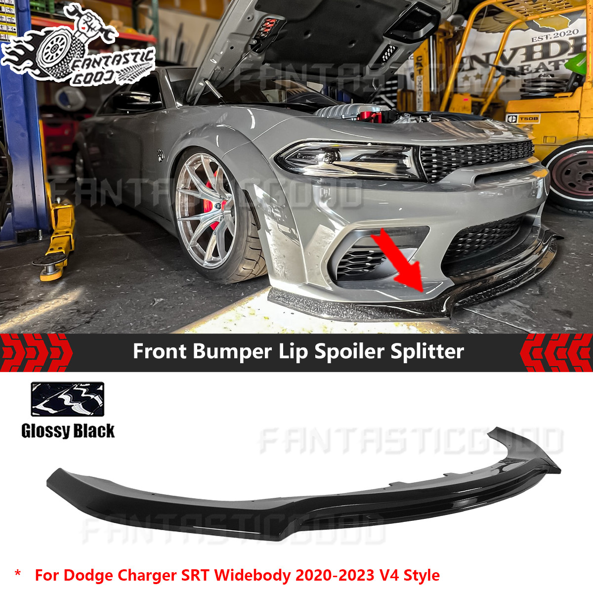 For Dodge Charger SRT Widebody 2020-2023 Glossy Black V4 Style Front Bumper Lip