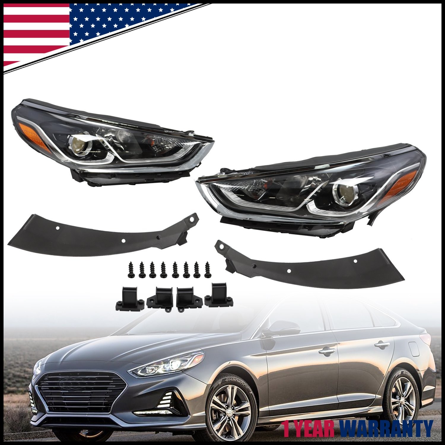 For 2018 2019 Hyundai Sonata Halogen Headlight Assembly W/ Bulbs Left Right Pair