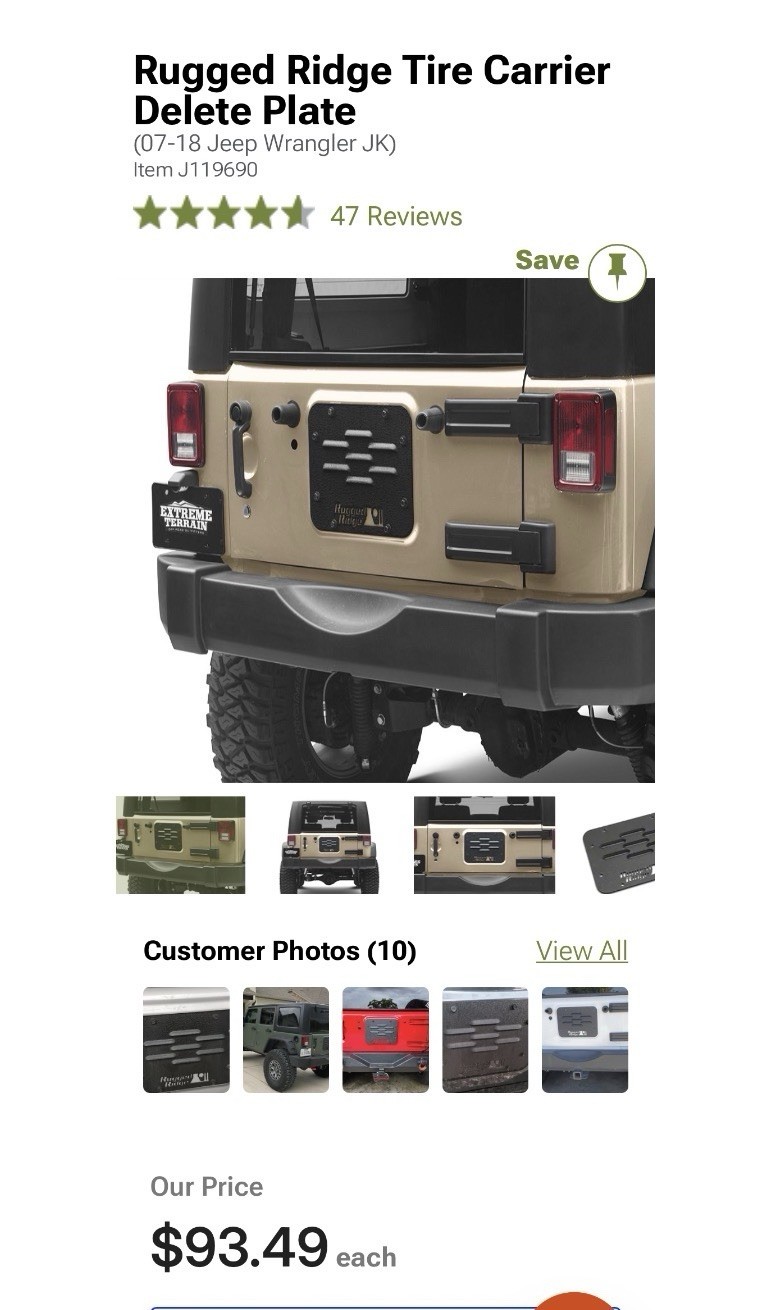 Spare Tire Carrier Delete Plate-Sport Rugged Ridge 11586.10