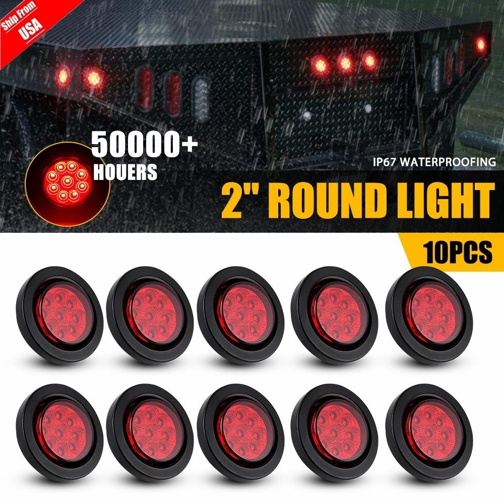 10pcs 2 inch Red 9 LED Side Marker Clearance Light Round for Truck Trailer 12V