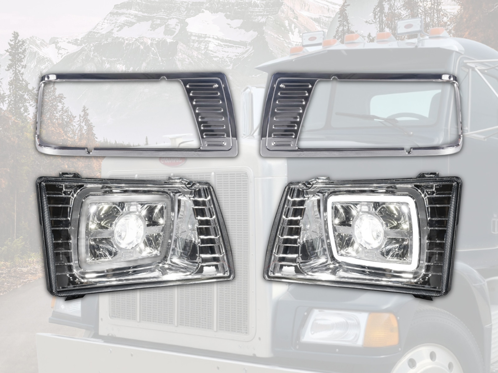 LED Headlight & Chrome Bezel Set For Peterbilt 375 377 385 LH RH Assembly Pair