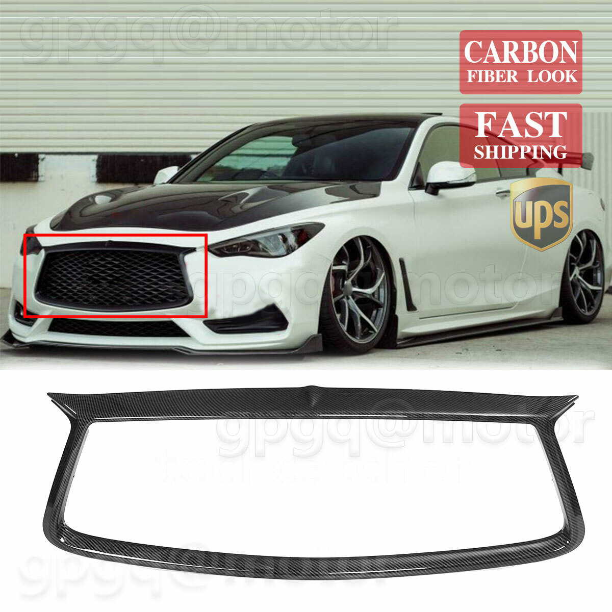 For Infiniti Q60 2017-22 Glossy Black JDM Front Grill Outline Trim Cover Overlay