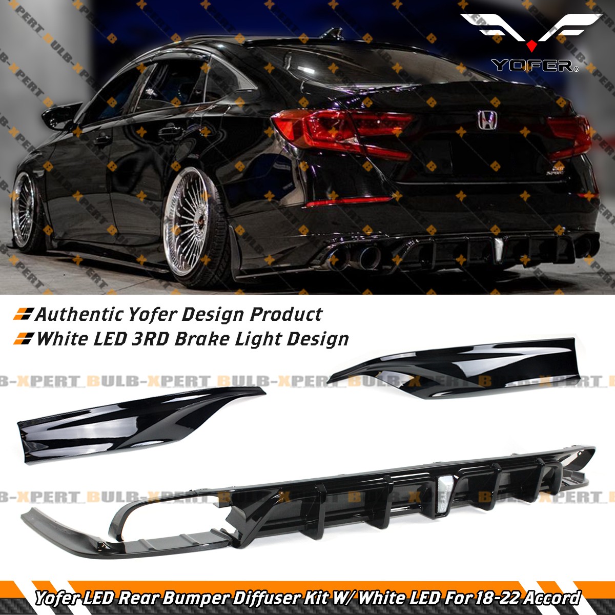 For 18-22 Accord Yofer Gloss Black Rear Bumper Diffuser Kit W/ White LED Light