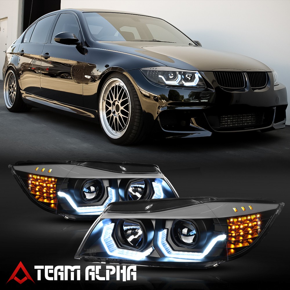 Fits 2009-2012 BMW E90 {F30 Style 3D HALO/LED SIGNAL} Black Projector Headlight