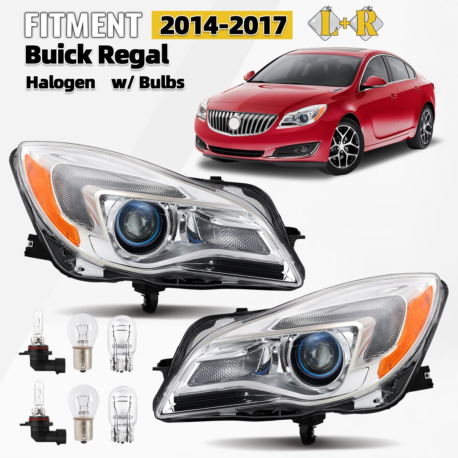 For 2014-2017 Buick Regal Halogen Headlight w/Bulb Chrome Left+Right Pair