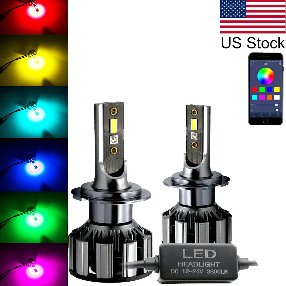 2pcs H7 RGB LED Multicolor Headlight High Low Beam DRL Bulbs Phone Control
