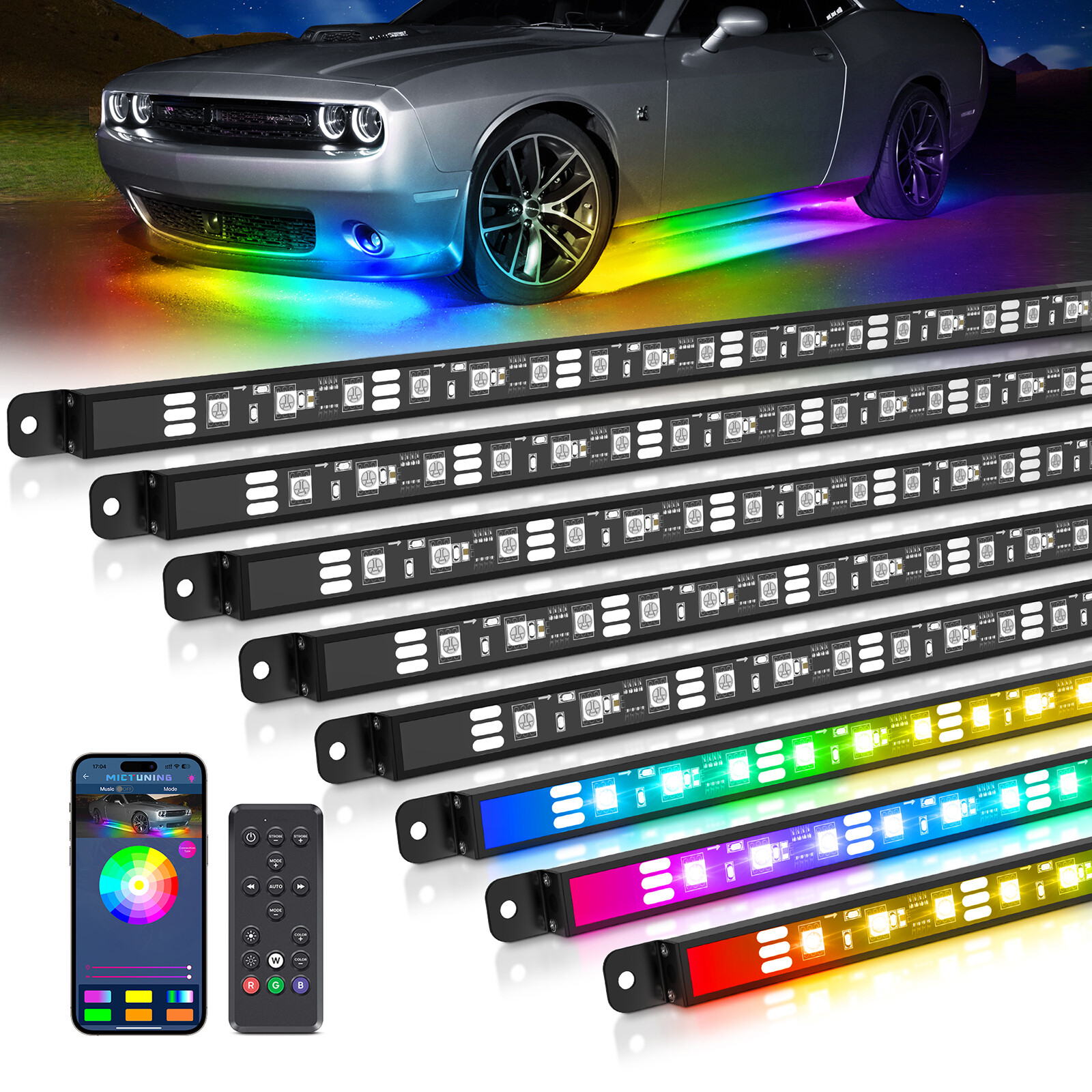 MICTUNING N8 Car Underglow Light Bar Tube RGB+IC Chasing LED Strip Aluminum Kit